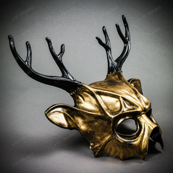 Antler Deer Black Horn Devil Halloween Masquerade Mask - Metallic Gold - Picture 7 of 10